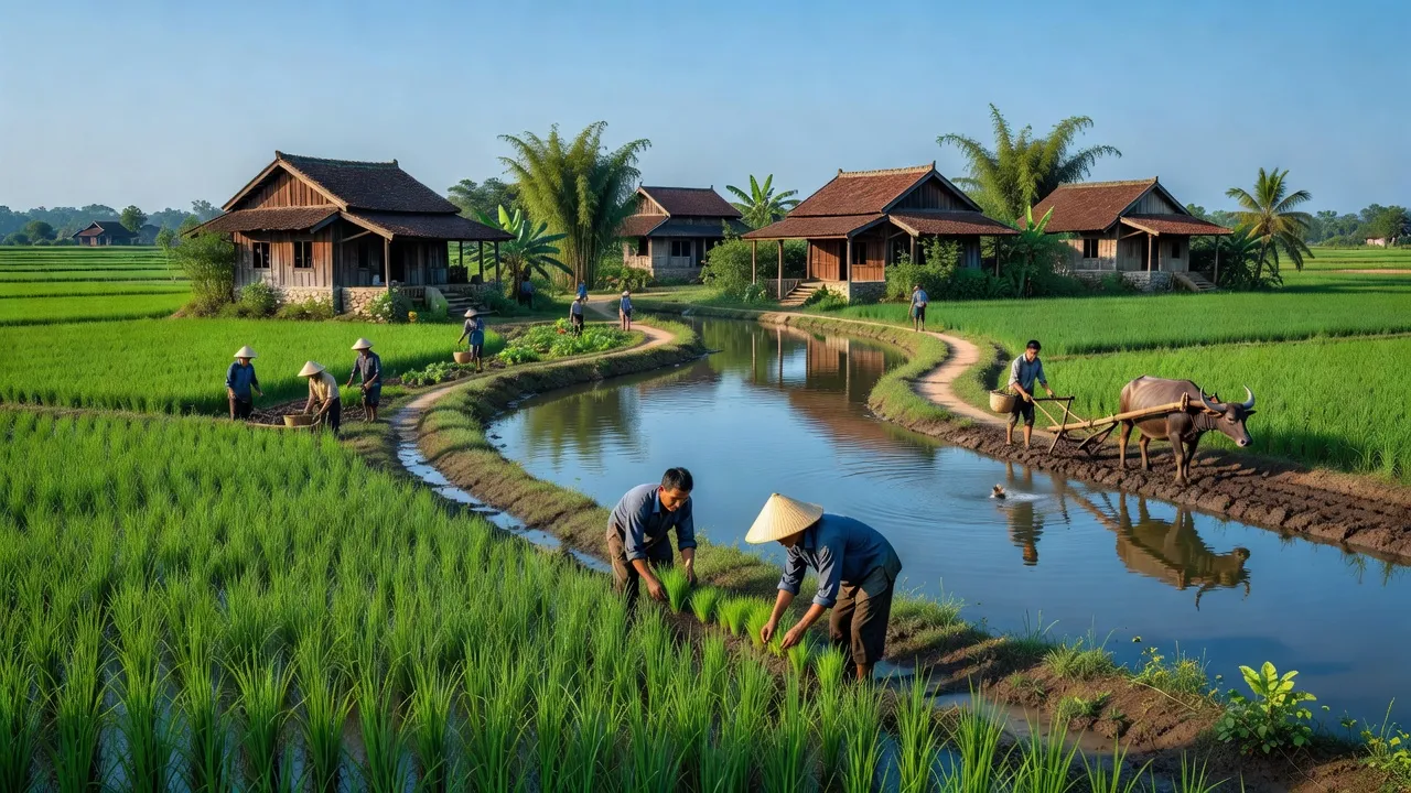 Landschaft ở xã Phù Lưu, huyện Ứng Hòa, Hà Nội với đồng xanh và nhà truyền thống.