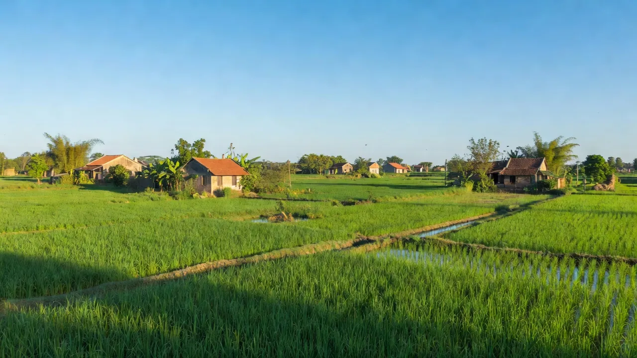 Cảnh quan nông thôn Phương Tú, huyện Ứng Hòa, Hà Nội với ruộng lúa và nhà dân đơn giản.