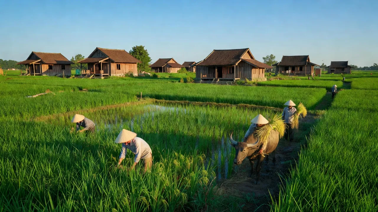 Khung cảnh nông thôn Quảng Phú Cầu với cánh đồng xanh mướt và nhà gỗ truyền thống.