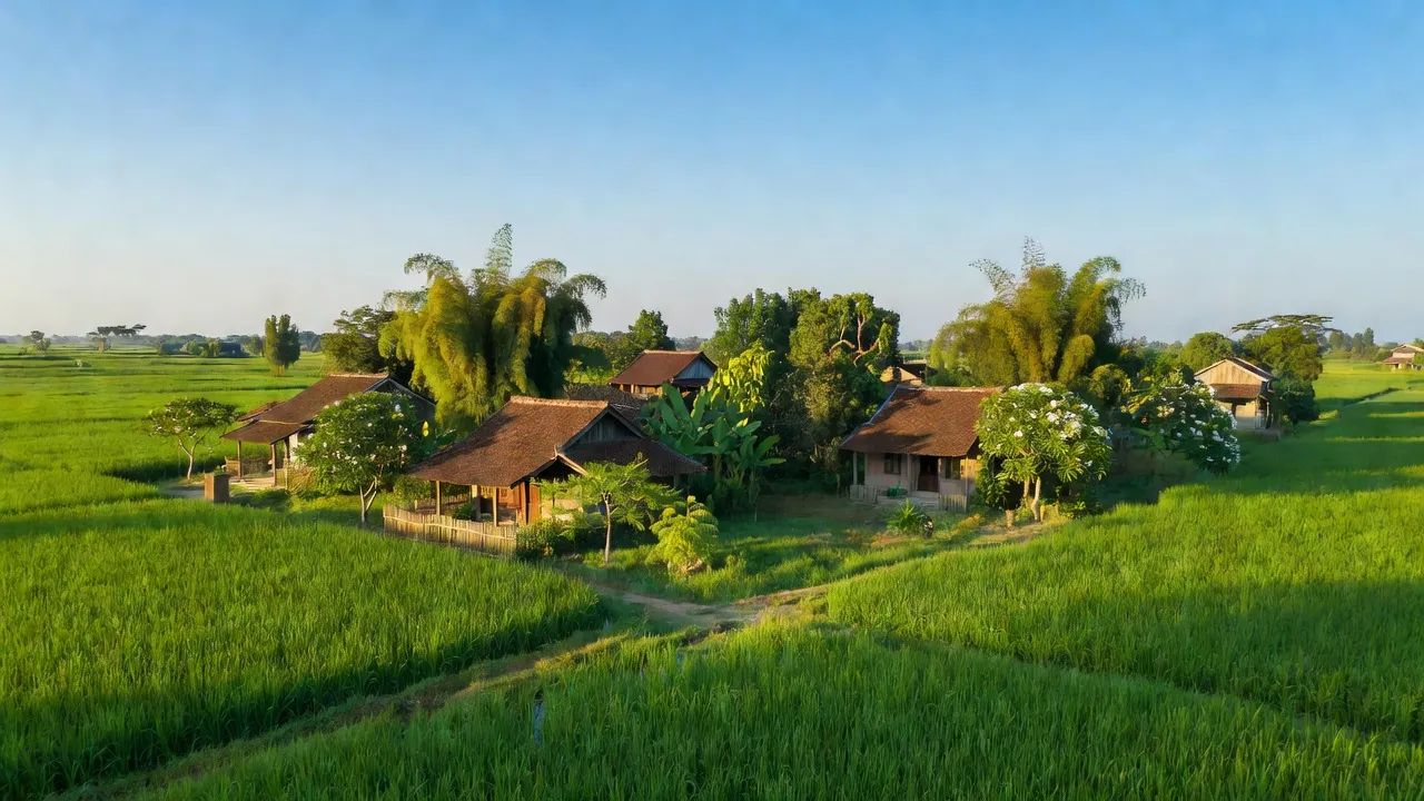 Khung cảnh nông thôn Tảo Dương Văn, huyện Ứng Hòa, Hà Nội với đồng xanh và nhà truyền thống.