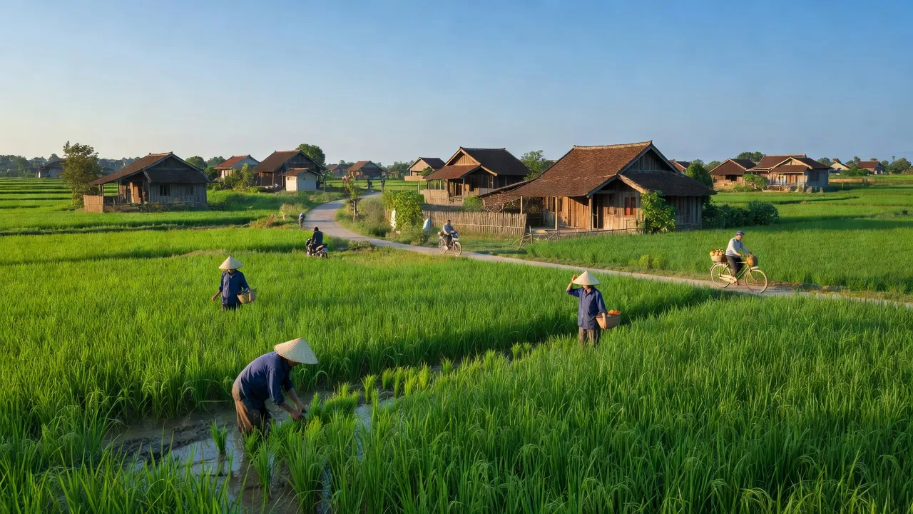 Khung cảnh yên bình xã Tảo Dương Văn, huyện Ứng Hòa, với đồng xanh và nhà truyền thống.