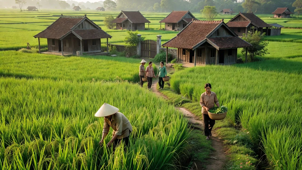 Khung cảnh Xã Thái Hòa, huyện Ứng Hòa, Hà Nội với cánh đồng xanh và cuộc sống sinh hoạt hàng ngày.