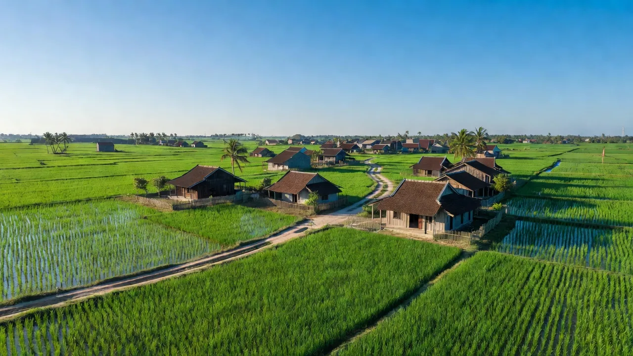 Cảnh làng Trầm Lộng, huyện Ứng Hòa, Hà Nội với cánh đồng xanh và nhà truyền thống.