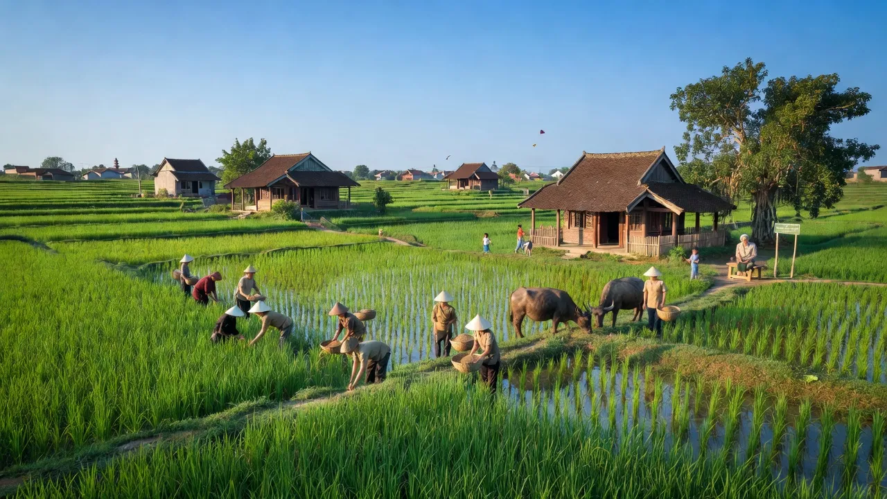 Cảnh đẹp Xã Trung Tú, Huyện Ứng Hòa, Hà Nội với cánh đồng xanh và nhà truyền thống.