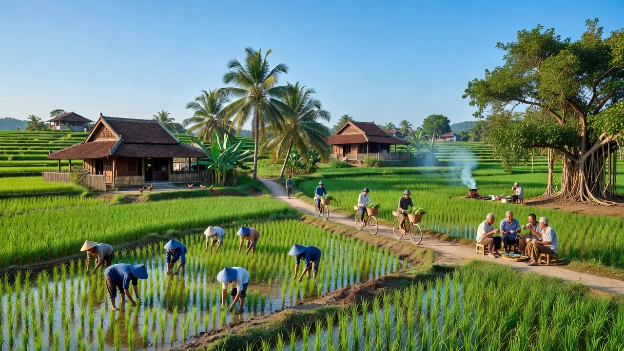 Cảnh đẹp xã Trung Tú, huyện Ứng Hòa, Hà Nội với đồng xanh và nhà truyền thống.