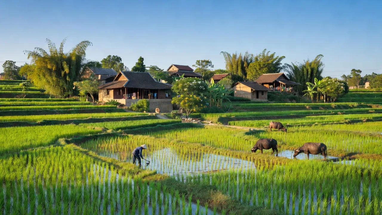 Khung cảnh xã Trường Thịnh, huyện Ứng Hòa, Hà Nội với cánh đồng lúa xanh tươi và nhà cửa truyền thống.