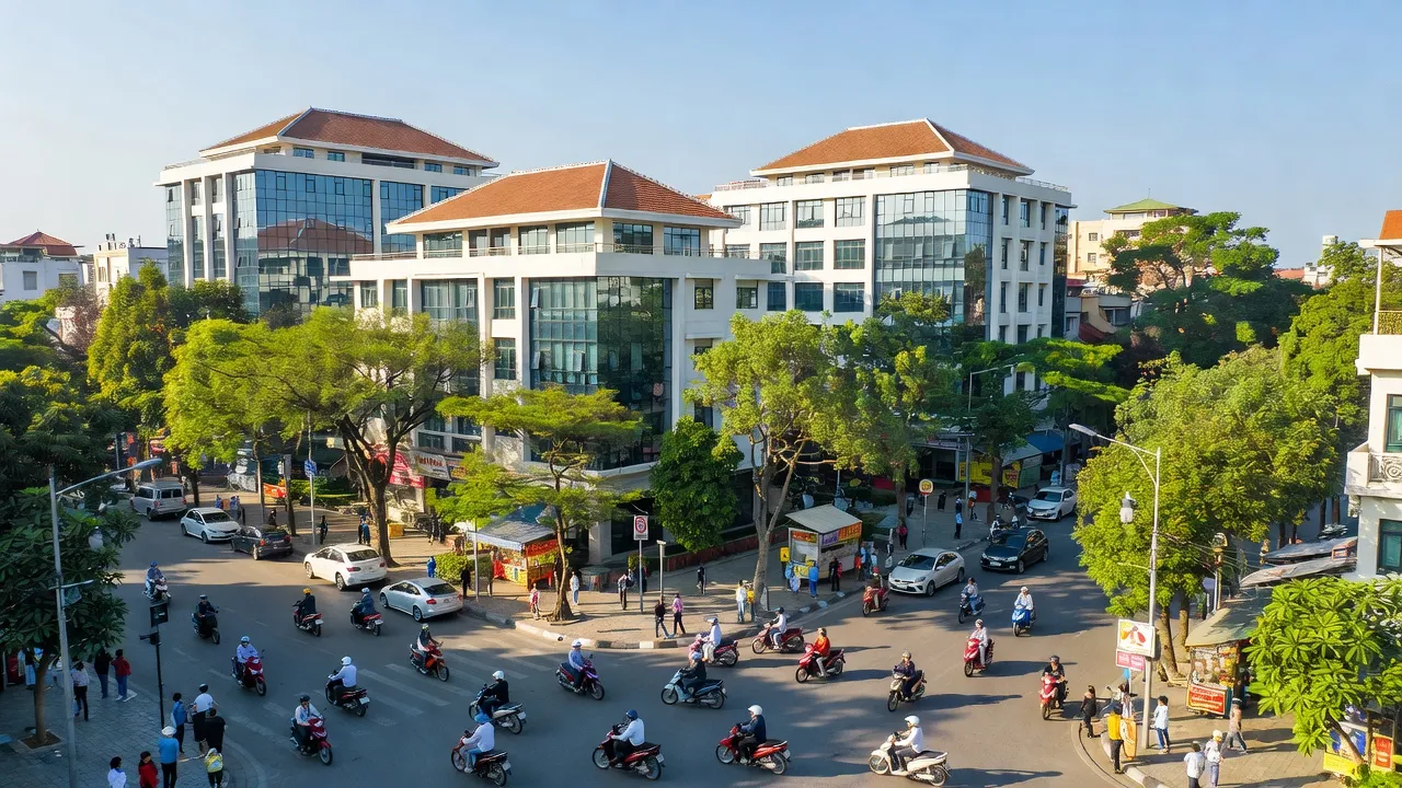 Thị trấn Vân Đình, huyện Ứng Hòa, Hà Nội với cảnh quan nhộn nhịp và hoạt động kinh doanh sôi động.