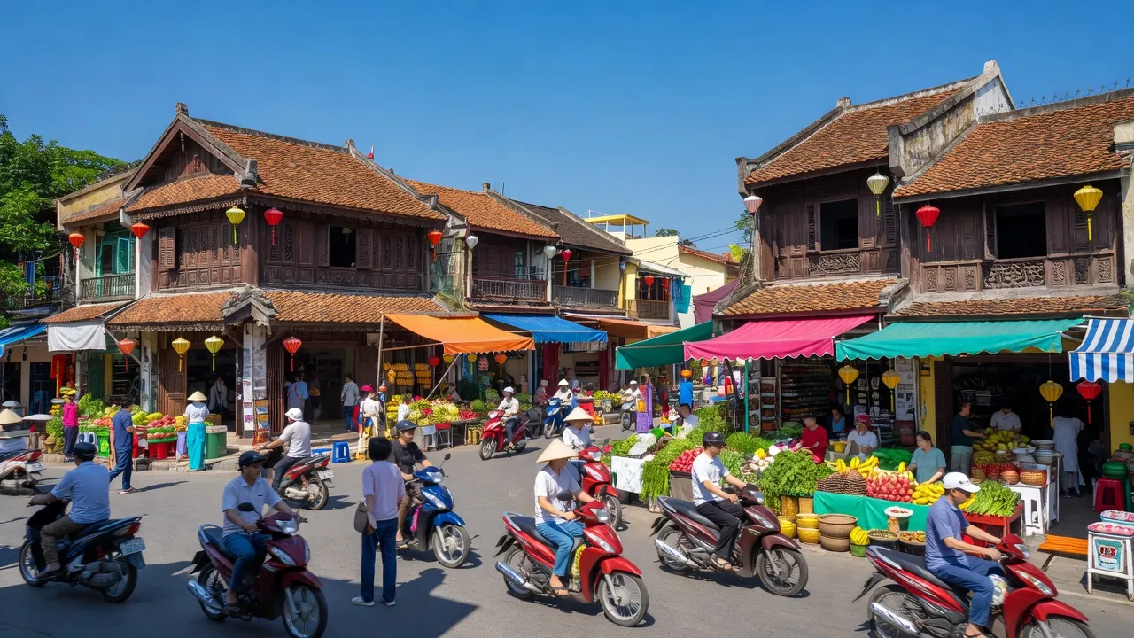 Thị trấn Vân Đình, huyện Ứng Hòa, Hà Nội với kiến trúc truyền thống và đường phố nhộn nhịp.