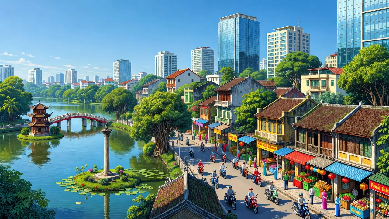Khung cảnh thành phố Hà Nội với Hồ Gươm và chùa Một Cột, phản ánh vẻ đẹp văn hóa và lịch sử.