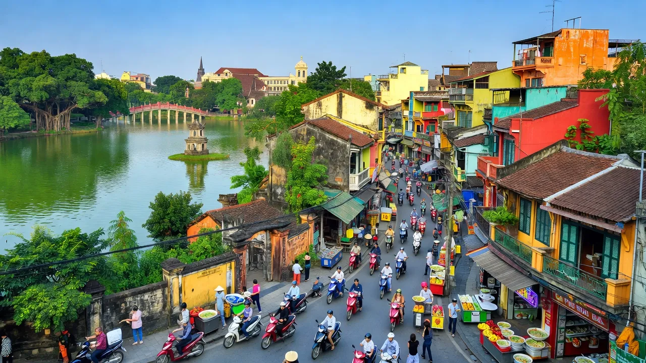 Khung cảnh thành phố Hà Nội với Hồ Gươm và khu phố cổ, nhộn nhịp và đầy màu sắc.
