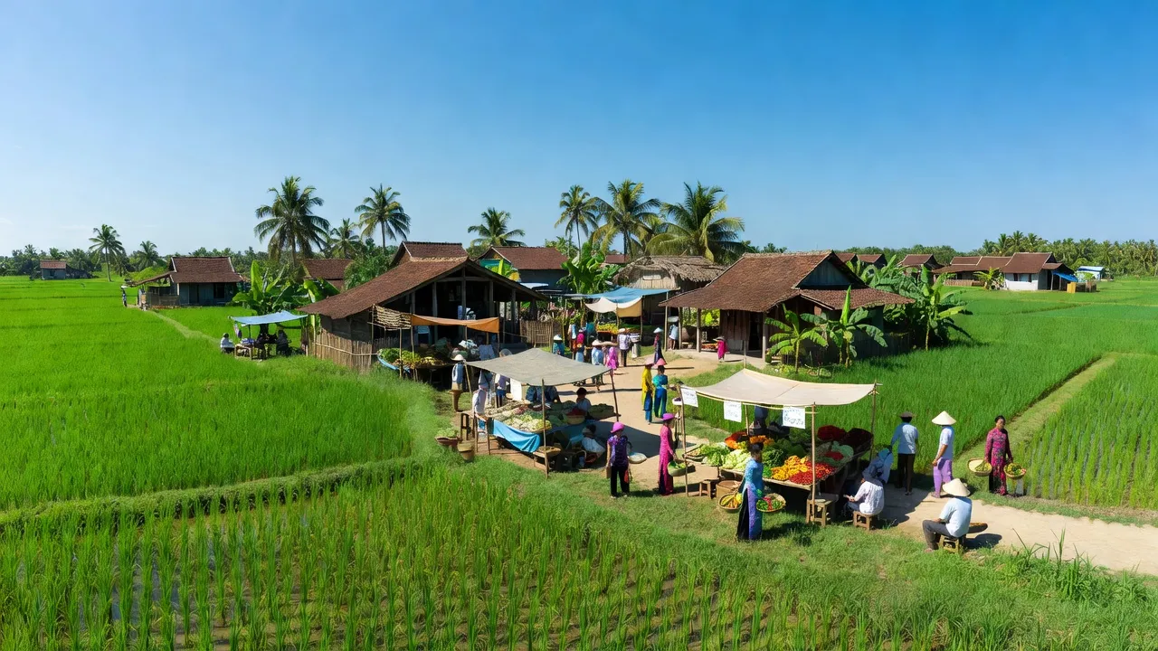 Khung cảnh xã Cẩm Duệ, huyện Cẩm Xuyên, tỉnh Hà Tĩnh với ruộng đồng xanh và nhà truyền thống.