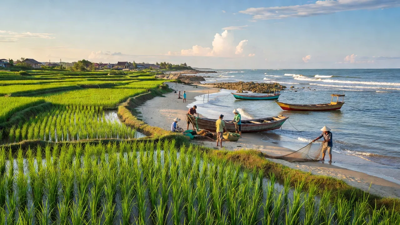 Cảnh đẹp xã Cẩm Dương, huyện Cẩm Xuyên, tỉnh Hà Tĩnh với cánh đồng xanh và biển.