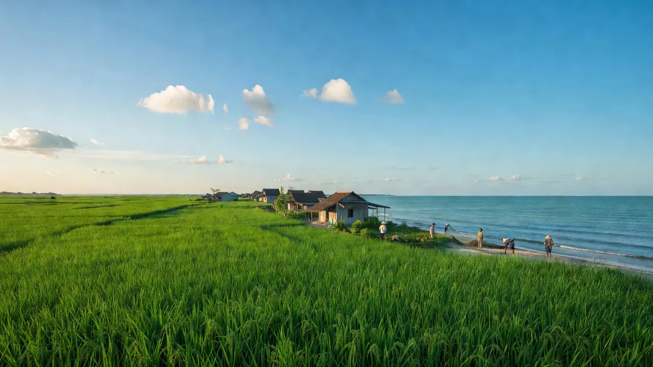 Cảnh quan thanh bình tại xã Cẩm Lĩnh, huyện Cẩm Xuyên, tỉnh Hà Tĩnh với biển và cánh đồng xanh.