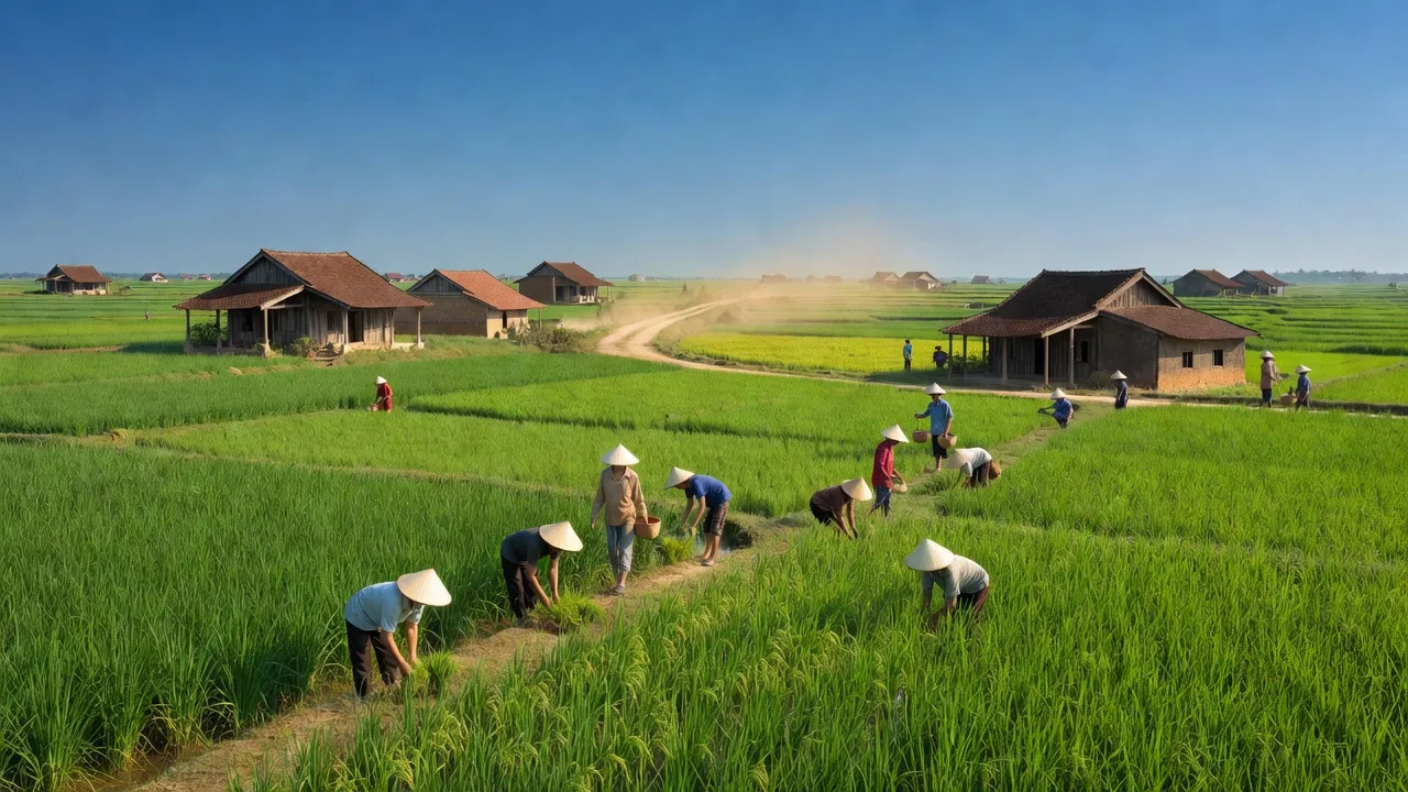 Cảnh quan nông thôn xã Cẩm Lộc, huyện Cẩm Xuyên, tỉnh Hà Tĩnh với cánh đồng và nhà truyền thống.