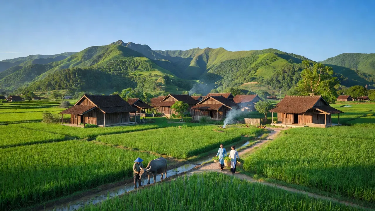 Cảnh làng Cẩm Minh, huyện Cẩm Xuyên, tỉnh Hà Tĩnh với núi rừng xanh và cánh đồng lúa.