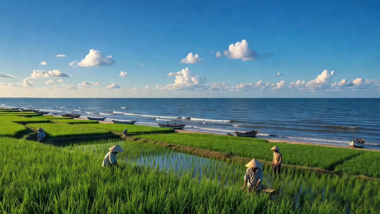 Cảnh sắc yên bình ở xã Cẩm Quan, Hà Tĩnh với cánh đồng xanh và biển Đông.