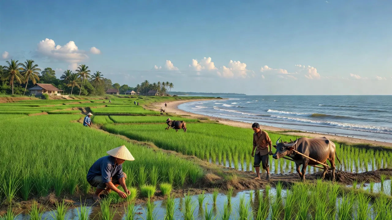 Cảnh quan Xã Cẩm Sơn, huyện Cẩm Xuyên, Hà Tĩnh với cánh đồng lúa và biển.