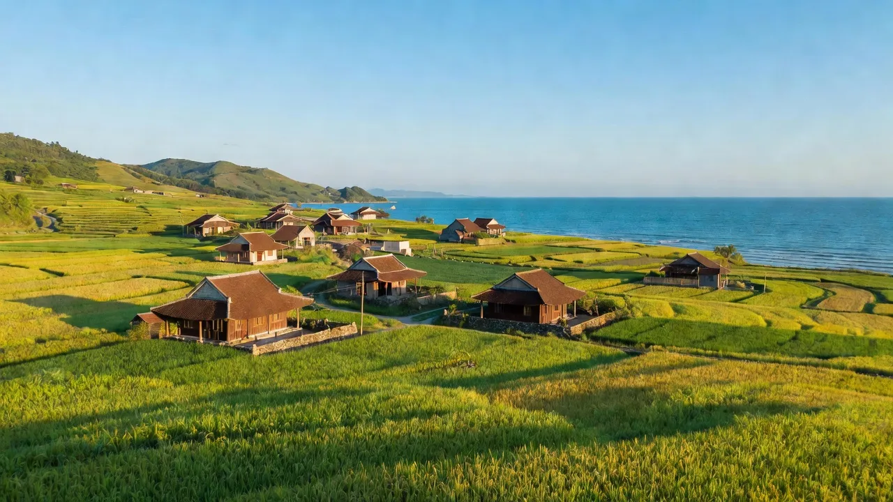 Cảnh sắc yên bình của xã Cẩm Sơn, huyện Cẩm Xuyên, tỉnh Hà Tĩnh với ruộng lúa và nhà truyền thống.