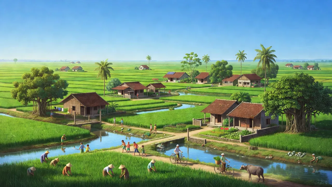 Cảnh quan Cẩm Thành, huyện Cẩm Xuyên, Hà Tĩnh với cánh đồng xanh và nhà truyền thống.