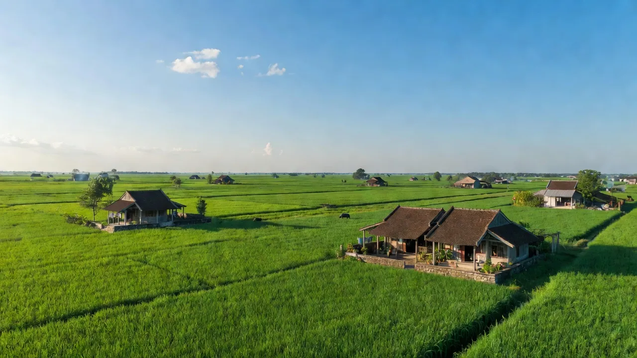 Cảnh quan nông thôn xã Cẩm Thành, huyện Cẩm Xuyên, tỉnh Hà Tĩnh với đồng xanh và nhà truyền thống.