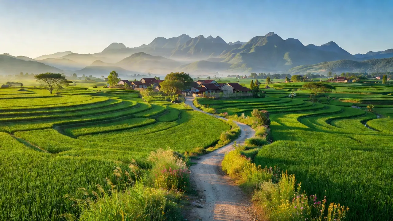 Cánh đồng xanh và đường làng ở Xã Cẩm Thịnh, Huyện Cẩm Xuyên, Tỉnh Hà Tĩnh, nông nghiệp phát triển.