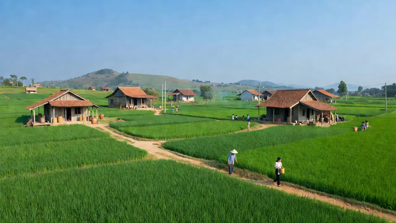 Cảnh đẹp xã Cẩm Trung, huyện Cẩm Xuyên, tỉnh Hà Tĩnh với cánh đồng xanh tươi và nhà truyền thống.