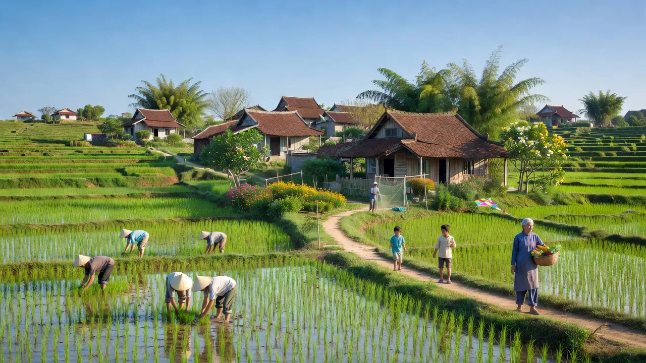 Cảnh đồng quê xã Cẩm Trung, huyện Cẩm Xuyên, tỉnh Hà Tĩnh, với làng quê và ruộng bậc thang.