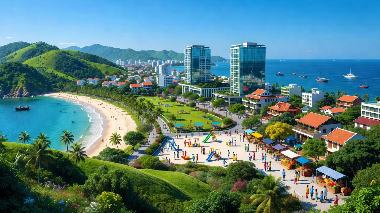 Toàn cảnh thị trấn Thiên Cầm, huyện Cẩm Xuyên, tỉnh Hà Tĩnh với thiên nhiên tươi đẹp và quy hoạch hiện đại.