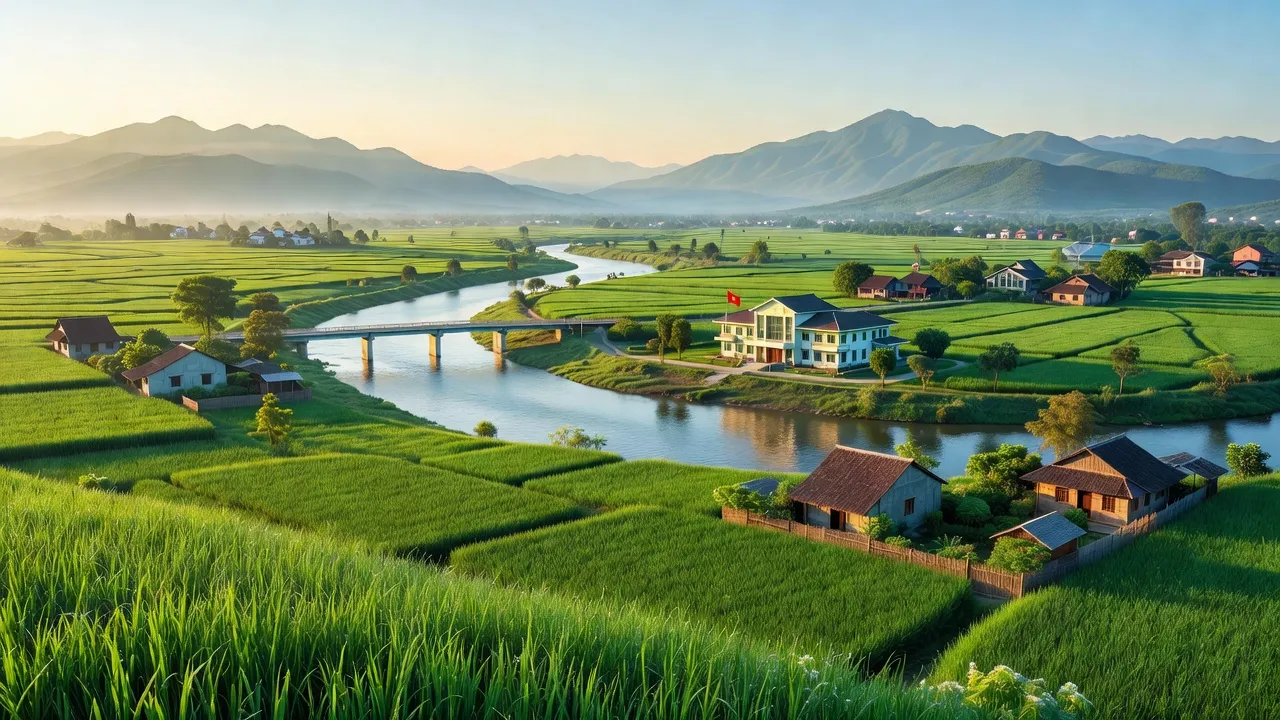 Cảnh quan huyện Can Lộc, Hà Tĩnh với núi, đồng cỏ xanh và không gian yên bình, thể hiện khung cảnh địa phương.
