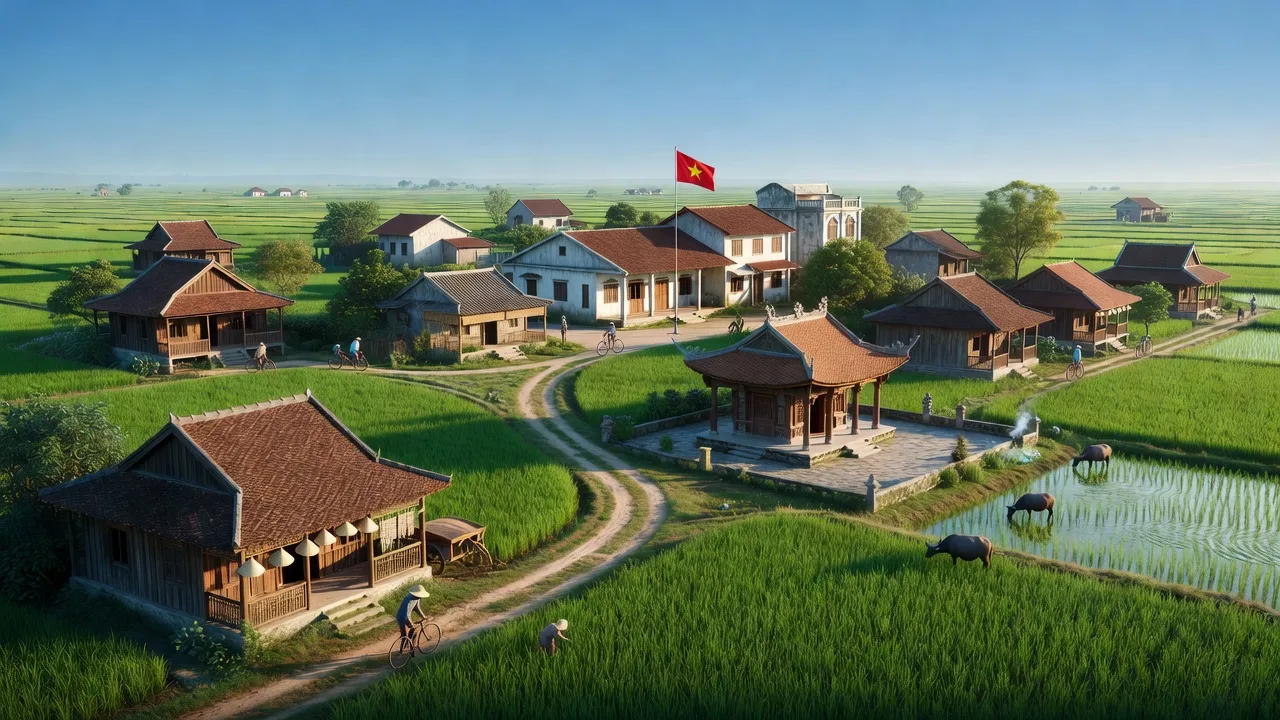 Quang cảnh huyện Can Lộc, tỉnh Hà Tĩnh với đồng ruộng xanh và nhà cổ truyền Việt Nam.