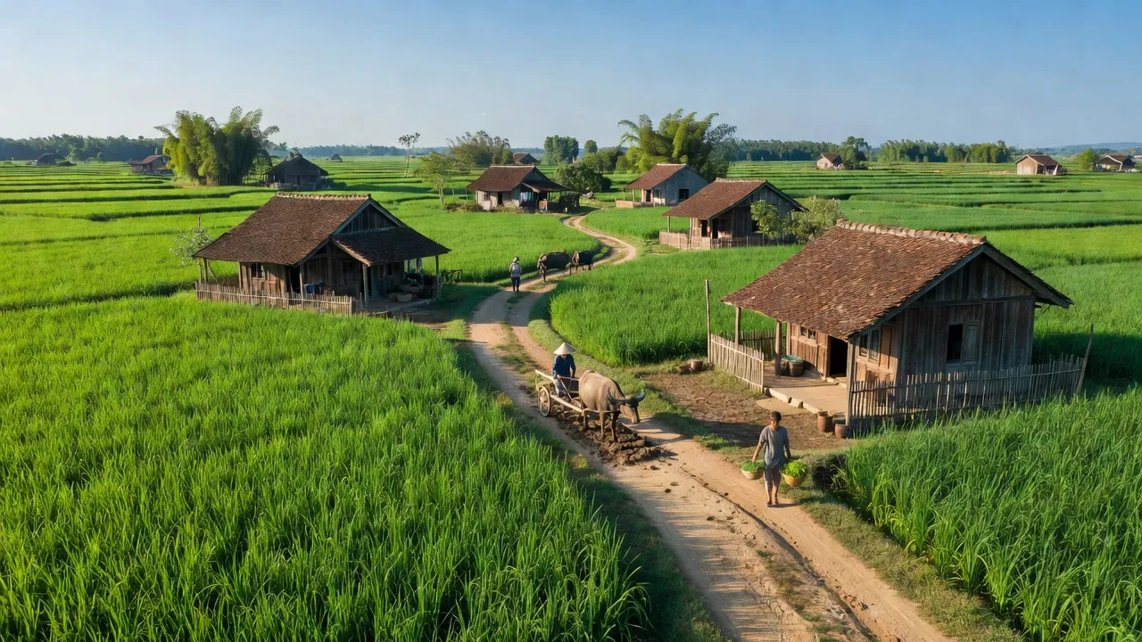 Khung cảnh nông thôn xã Kim Song Trường, huyện Can Lộc, tỉnh Hà Tĩnh dưới bầu trời trong xanh.