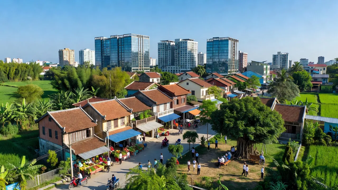 Khung cảnh thị trấn Nghèn, Can Lộc, Hà Tĩnh, với kiến trúc hiện đại và thiên nhiên xanh tươi.