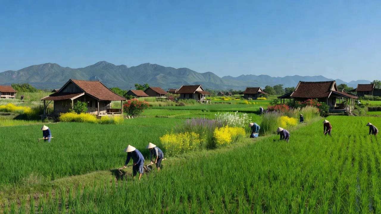 Cảnh đẹp Xã Phú Lộc, Huyện Can Lộc, tỉnh Hà Tĩnh với cánh đồng xanh và núi xa.