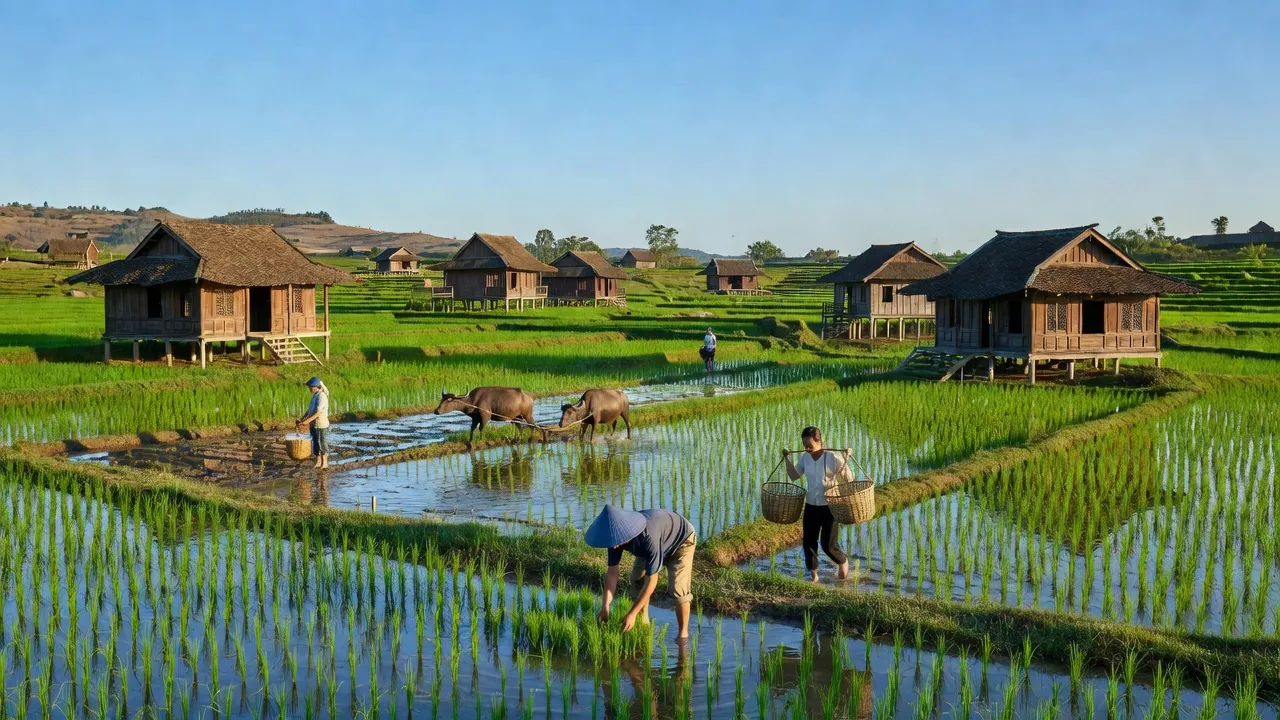 Cảnh quan nông thôn Xã Sơn Lộc, Huyện Can Lộc, với cánh đồng lúa xanh và nhà gỗ truyền thống.