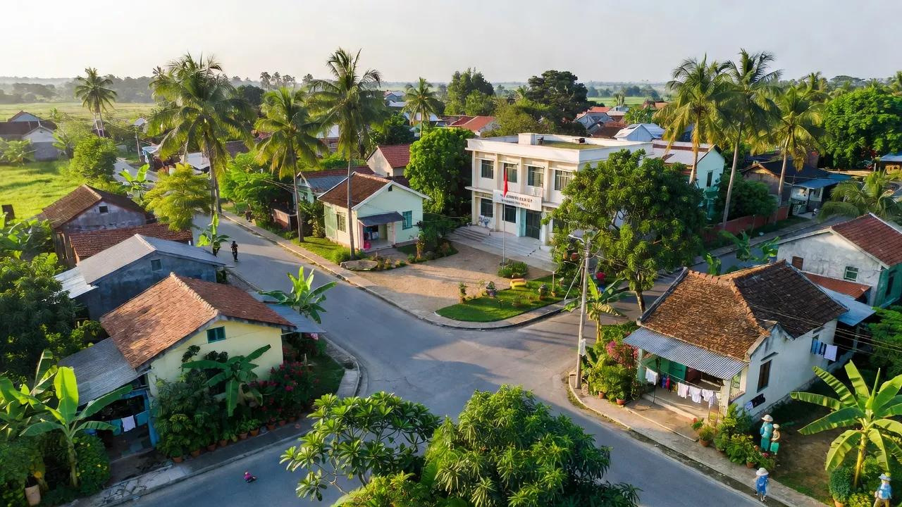 Khung cảnh xã Thuần Thiện, Huyện Can Lộc, Tỉnh Hà Tĩnh với trụ sở UBND và cây cối xanh tươi.