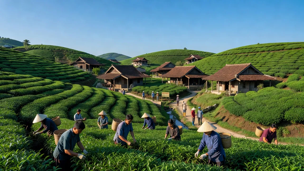 Khung cảnh xã Thượng Lộc, huyện Can Lộc, tỉnh Hà Tĩnh với đồi trà xanh tươi và nhà truyền thống.