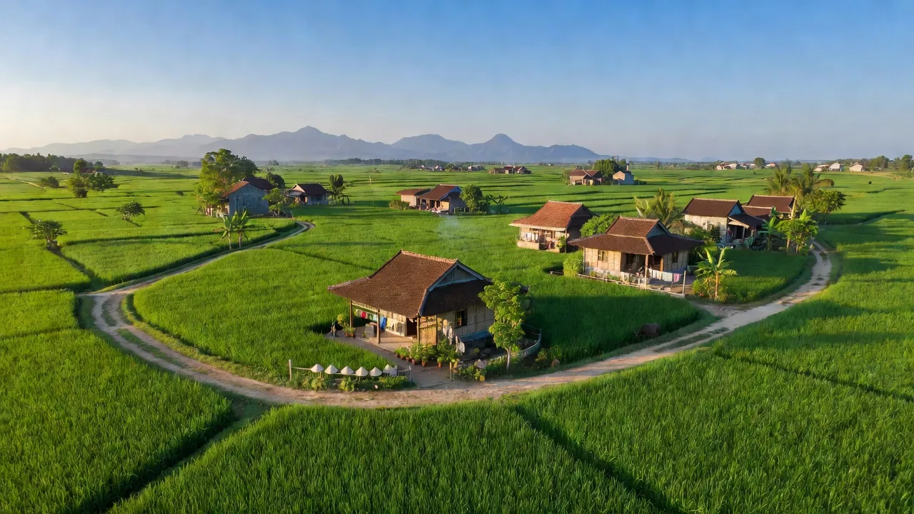 Khung cảnh bình yên xã Thường Nga, huyện Can Lộc, tỉnh Hà Tĩnh với cánh đồng xanh và nhà truyền thống.
