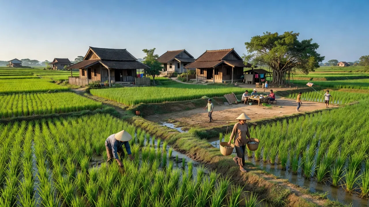 Cảnh đẹp xã Tùng Lộc, huyện Can Lộc, tỉnh Hà Tĩnh với ruộng xanh và cuộc sống nông thôn.