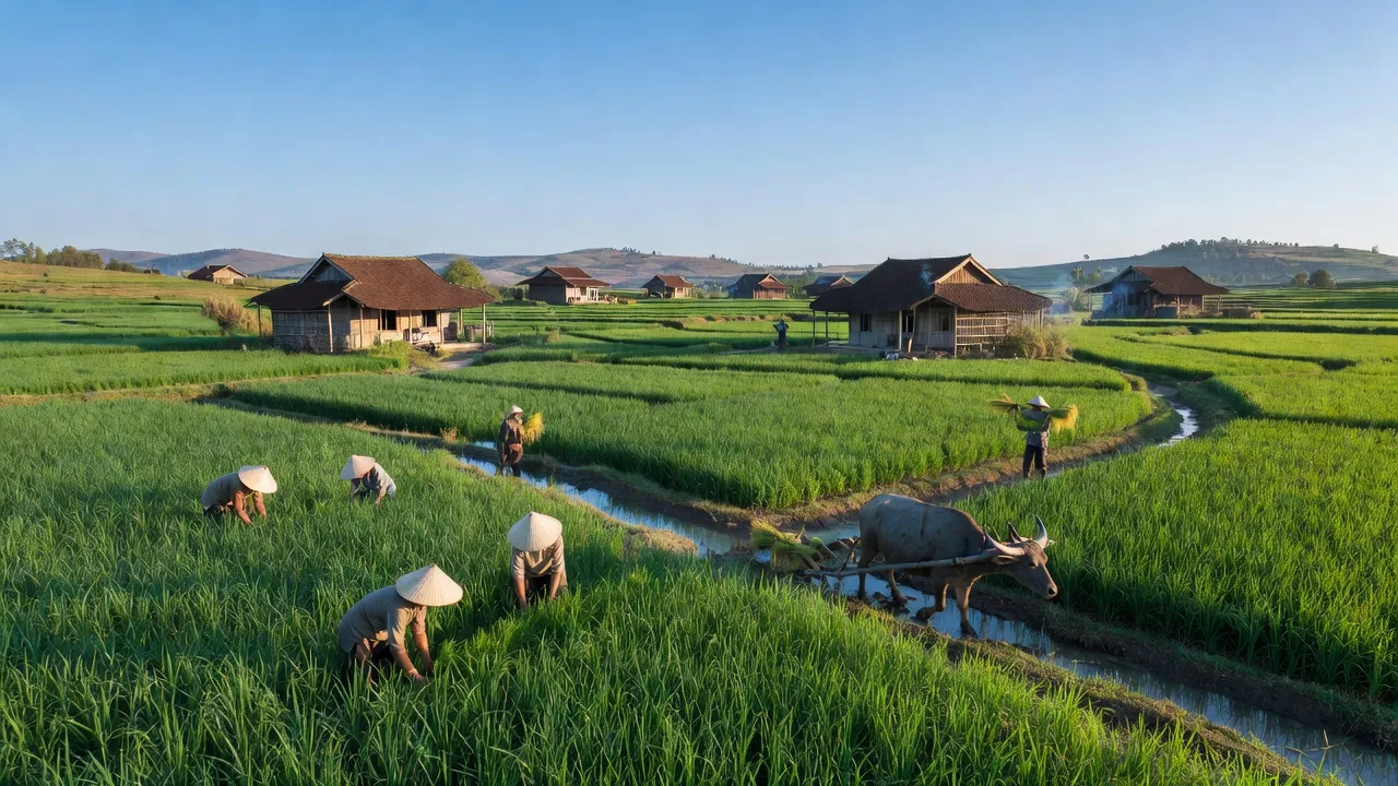 Phong cảnh nông thôn ở xã Tùng Lộc, huyện Can Lộc, tỉnh Hà Tĩnh với cánh đồng xanh mướt.
