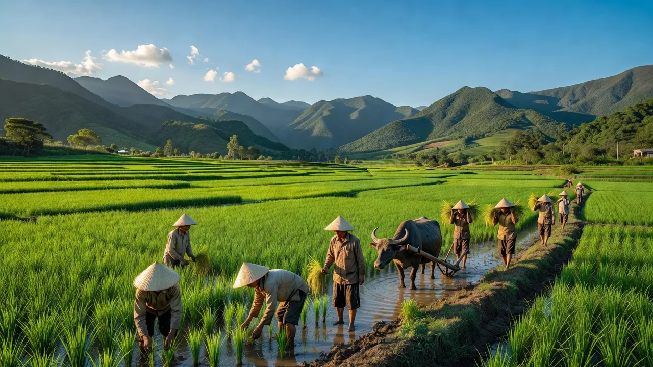 Xã Vượng Lộc, huyện Can Lộc, Hà Tĩnh với cánh đồng xanh mướt và hoạt động nông nghiệp sôi nổi.