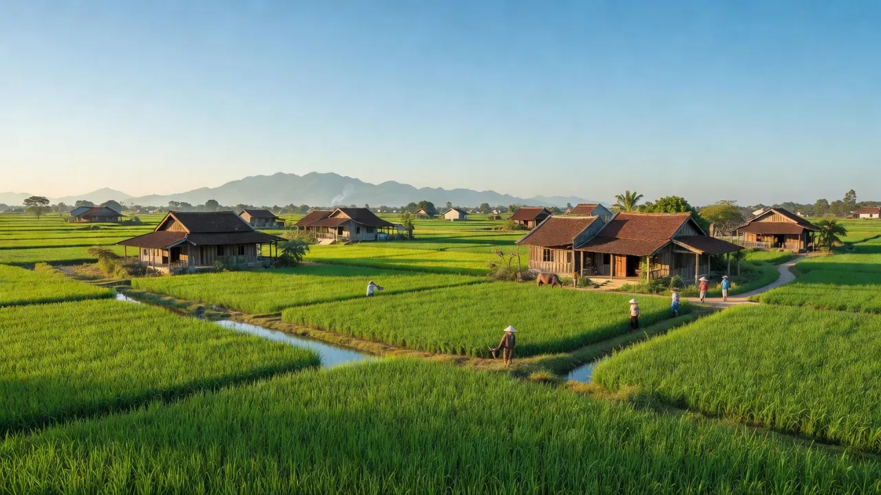 Quang cảnh xã Xuân Lộc, huyện Can Lộc, Hà Tĩnh với cánh đồng xanh và nhà truyền thống.