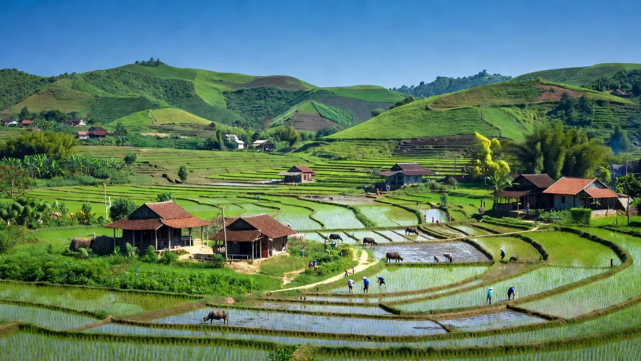 Khung cảnh huyện Đức Thọ, Hà Tĩnh với cánh đồng xanh và kiến trúc địa phương, cuộc sống nông thôn sôi động.