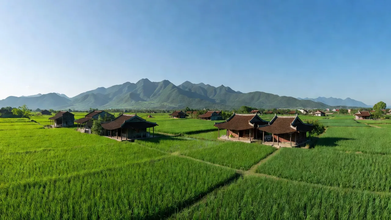 Quang cảnh huyện Đức Thọ, Hà Tĩnh với cánh đồng xanh và kiến trúc truyền thống, ngày trời trong.