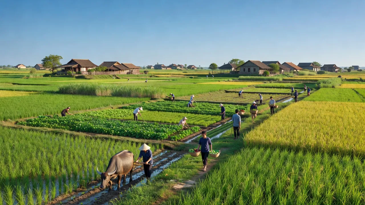 Cảnh đồng xanh tươi ở xã Bùi La Nhân, huyện Đức Thọ, tỉnh Hà Tĩnh, với cây đậu và hoạt động nông nghiệp.