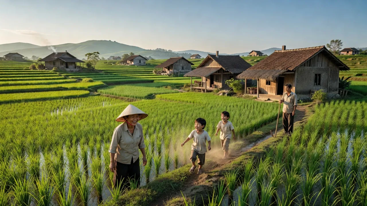 Cảnh đẹp xã Đức Lạng, huyện Đức Thọ, tỉnh Hà Tĩnh với đồng xanh và nhà truyền thống.