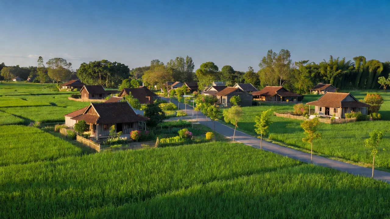 Cảnh quan xã Đức Lạng, huyện Đức Thọ, tỉnh Hà Tĩnh, với cánh đồng xanh và nhà nông thôn.