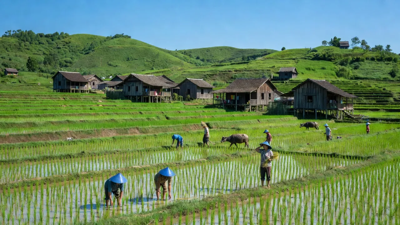 Cảnh sắc đẹp của xã Liên Minh, huyện Đức Thọ, tỉnh Hà Tĩnh với đồng ruộng xanh tươi.