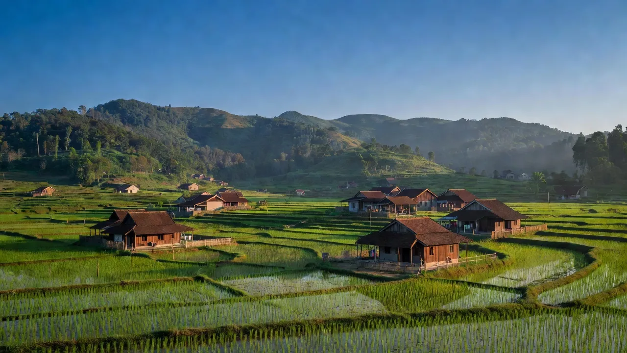 Cảnh sắc xã Liên Minh, huyện Đức Thọ, tỉnh Hà Tĩnh với cánh đồng lúa xanh và nhà truyền thống.
