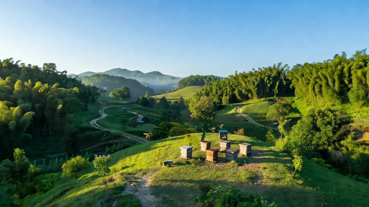 Khung cảnh yên bình tại xã Tân Hương, huyện Đức Thọ, tỉnh Hà Tĩnh với đồi núi xanh.