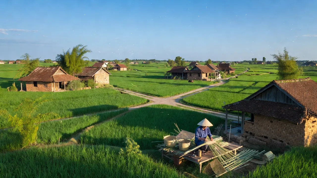 Quang cảnh xã Thanh Bình Thịnh, huyện Đức Thọ, tỉnh Hà Tĩnh với nhà truyền thống và ruộng xanh.